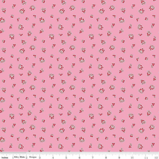 Image of Traditional 30's Berries Pink quilting cotton fabric by Lindsay Wilkes for Riley Blake Designs. Features berries on a pink background. Cute Little Fabric Shop.