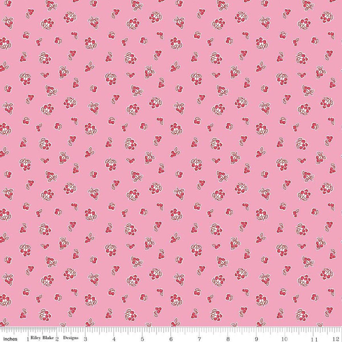 Image of Traditional 30's Berries Pink quilting cotton fabric by Lindsay Wilkes for Riley Blake Designs. Features berries on a pink background. Cute Little Fabric Shop.