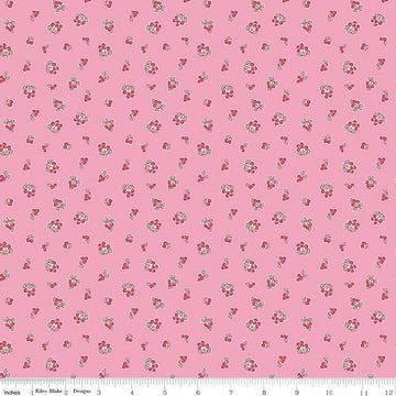 Image of Traditional 30's Berries Pink quilting cotton fabric by Lindsay Wilkes for Riley Blake Designs. Features berries on a pink background. Cute Little Fabric Shop.