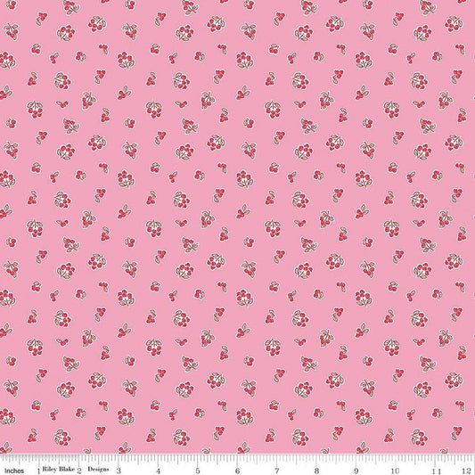 Image of Traditional 30's Berries Pink quilting cotton fabric by Lindsay Wilkes for Riley Blake Designs. Features berries on a pink background. Cute Little Fabric Shop.