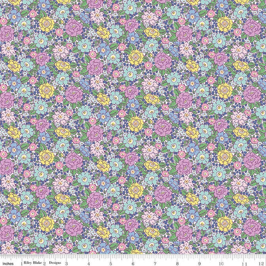 Image of Traditional 30's Floral Purple quilting cotton fabric by Lindsay Wilkes for Riley Blake Designs. Features flowers on a purple background. Cute Little Fabric Shop.