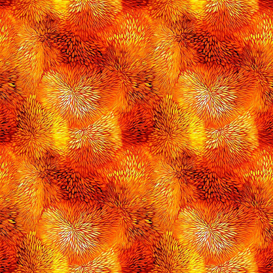 Image of Dreamweaver Color Burst Burnt Orange quilting cotton fabric by Morris Creative Group for QT Fabrics. Features an abstract pattern on an orange background. Cute Little Fabric Shop.