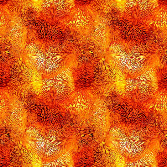 Image of Dreamweaver Color Burst Burnt Orange quilting cotton fabric by Morris Creative Group for QT Fabrics. Features an abstract pattern on an orange background. Cute Little Fabric Shop.