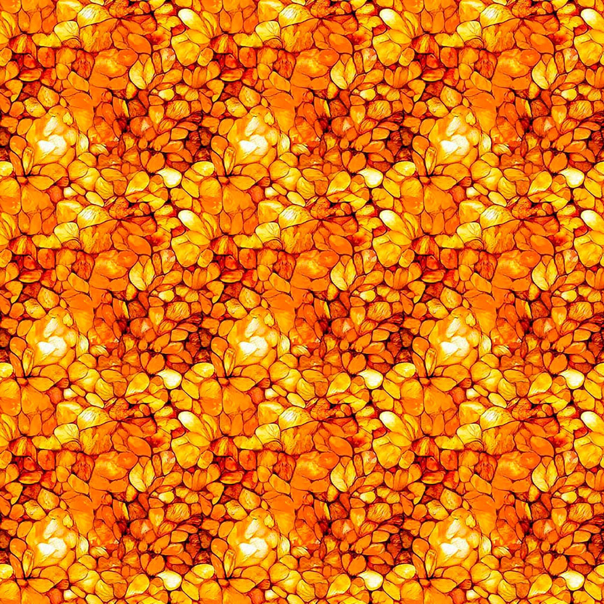 Image of Dreamweaver Petals Orange quilting cotton fabric by Morris Creative Group for QT Fabrics. Features an abstract pattern on an orange background. Cute Little Fabric Shop.