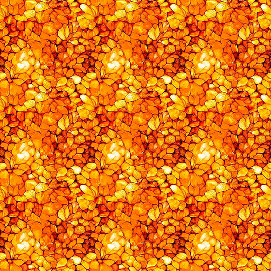 Image of Dreamweaver Petals Orange quilting cotton fabric by Morris Creative Group for QT Fabrics. Features an abstract pattern on an orange background. Cute Little Fabric Shop.