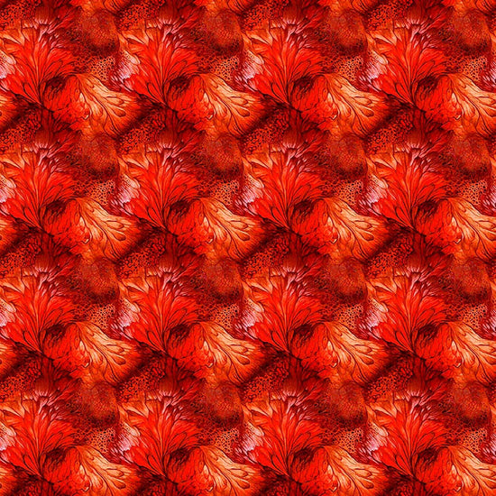 Image of Dreamweaver Foliage Tomato quilting cotton fabric by Morris Creative Group for QT Fabrics. Features an abstract pattern on a red background. Cute Little Fabric Shop.