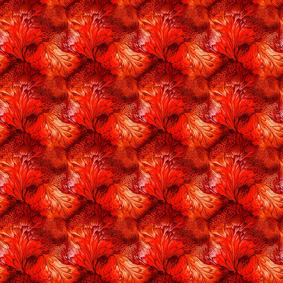 Image of Dreamweaver Foliage Tomato quilting cotton fabric by Morris Creative Group for QT Fabrics. Features an abstract pattern on a red background. Cute Little Fabric Shop.