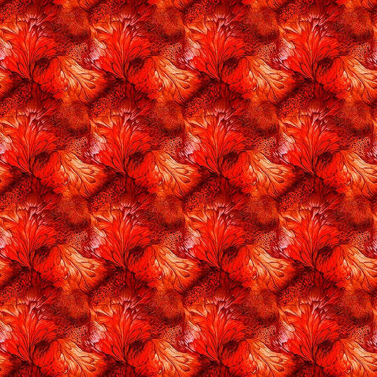 Image of Dreamweaver Foliage Tomato quilting cotton fabric by Morris Creative Group for QT Fabrics. Features an abstract pattern on a red background. Cute Little Fabric Shop.
