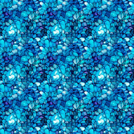 Image of Dreamweaver Petals Blue quilting cotton fabric by Morris Creative Group for QT Fabrics. Features an abstract pattern on a blue background. Cute Little Fabric Shop.