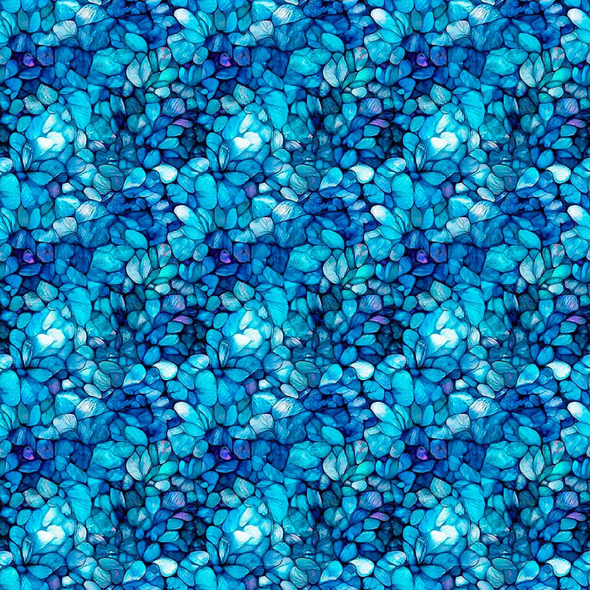 Image of Dreamweaver Petals Blue quilting cotton fabric by Morris Creative Group for QT Fabrics. Features an abstract pattern on a blue background. Cute Little Fabric Shop.