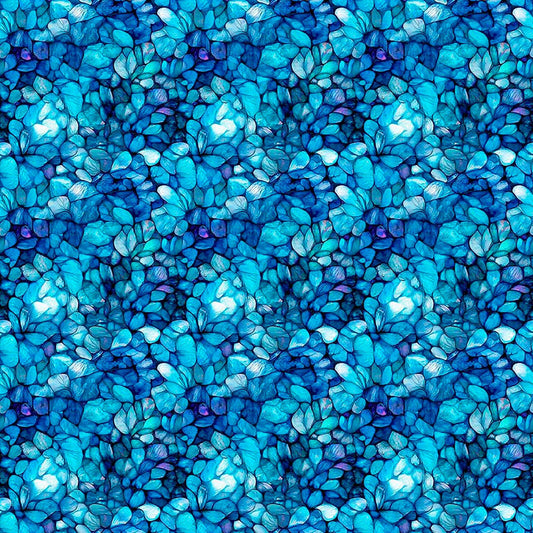 Image of Dreamweaver Petals Blue quilting cotton fabric by Morris Creative Group for QT Fabrics. Features an abstract pattern on a blue background. Cute Little Fabric Shop.