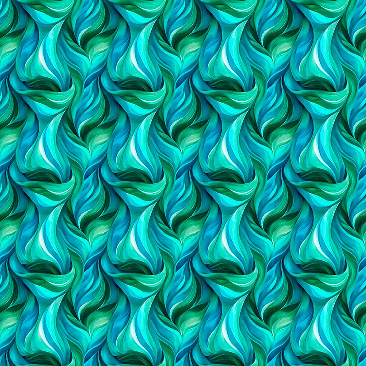 Image of Dreamweaver Flames Jade quilting cotton fabric by Morris Creative Group for QT Fabrics. Features an abstract pattern on a blue green background. Cute Little Fabric Shop.