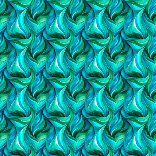 Image of Dreamweaver Flames Jade quilting cotton fabric by Morris Creative Group for QT Fabrics. Features an abstract pattern on a blue green background. Cute Little Fabric Shop.