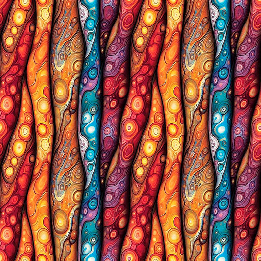 Image of Dreamweaver Color Flow Multi quilting cotton fabric by Morris Creative Group for QT Fabrics. Features an abstract pattern on a rainbow background. Cute Little Fabric Shop.