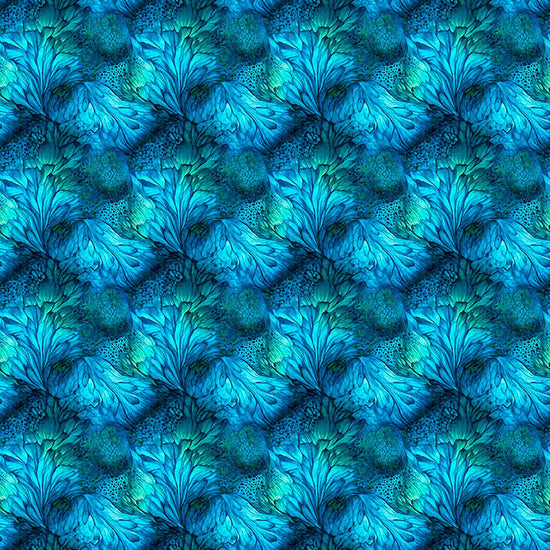Image of Dreamweaver Foliage Ocean quilting cotton fabric by Morris Creative Group for QT Fabrics. Features an abstract pattern on a blue background. Cute Little Fabric Shop.