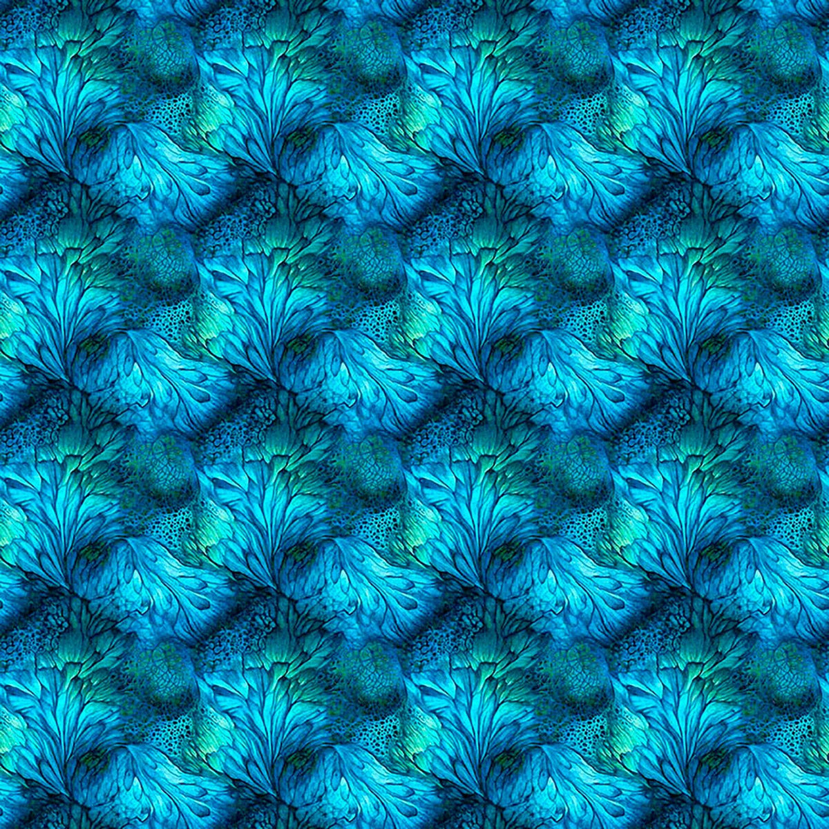 Image of Dreamweaver Foliage Ocean quilting cotton fabric by Morris Creative Group for QT Fabrics. Features an abstract pattern on a blue background. Cute Little Fabric Shop.