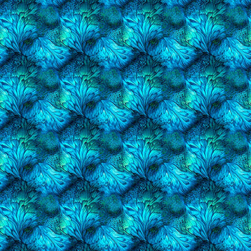 Image of Dreamweaver Foliage Ocean quilting cotton fabric by Morris Creative Group for QT Fabrics. Features an abstract pattern on a blue background. Cute Little Fabric Shop.