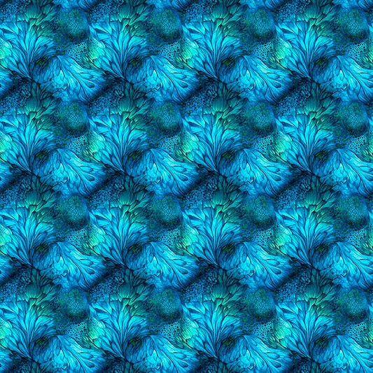 Image of Dreamweaver Foliage Ocean quilting cotton fabric by Morris Creative Group for QT Fabrics. Features an abstract pattern on a blue background. Cute Little Fabric Shop.