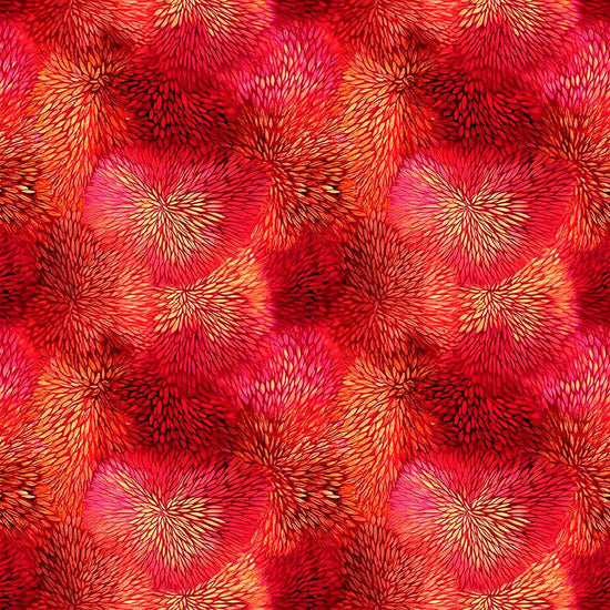 Image of Dreamweaver Color Burst Tomato quilting cotton fabric by Morris Creative Group for QT Fabrics. Features an abstract pattern on a red background. Cute Little Fabric Shop.