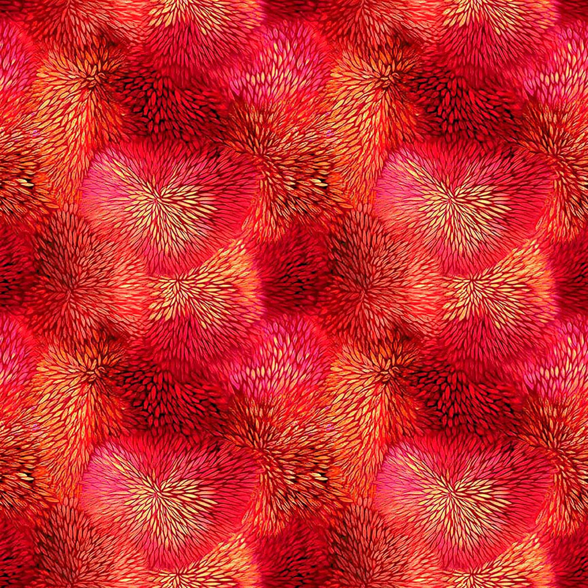 Image of Dreamweaver Color Burst Tomato quilting cotton fabric by Morris Creative Group for QT Fabrics. Features an abstract pattern on a red background. Cute Little Fabric Shop.