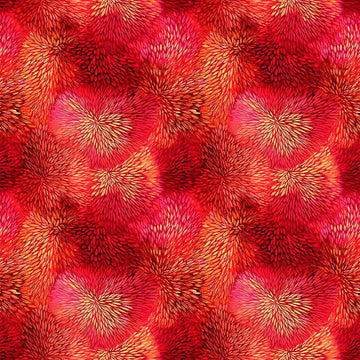 Image of Dreamweaver Color Burst Tomato quilting cotton fabric by Morris Creative Group for QT Fabrics. Features an abstract pattern on a red background. Cute Little Fabric Shop.