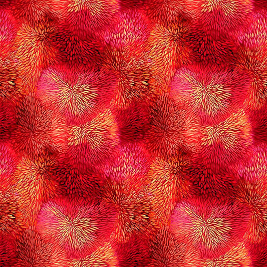 Image of Dreamweaver Color Burst Tomato quilting cotton fabric by Morris Creative Group for QT Fabrics. Features an abstract pattern on a red background. Cute Little Fabric Shop.
