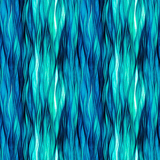 Image of Dreamweaver Color Wave Turquoise quilting cotton fabric by Morris Creative Group for QT Fabrics. Features an abstract pattern on a blue background. Cute Little Fabric Shop.