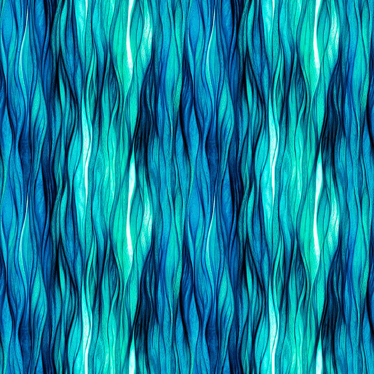 Image of Dreamweaver Color Wave Turquoise quilting cotton fabric by Morris Creative Group for QT Fabrics. Features an abstract pattern on a blue background. Cute Little Fabric Shop.