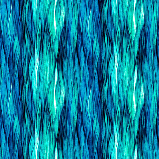 Image of Dreamweaver Color Wave Turquoise quilting cotton fabric by Morris Creative Group for QT Fabrics. Features an abstract pattern on a blue background. Cute Little Fabric Shop.