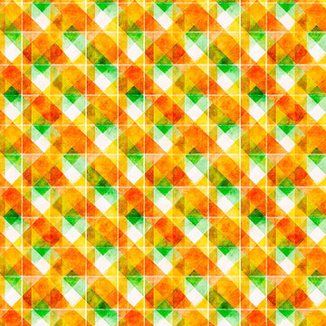 Image of QT Foodies Diagonal Plaid Orange quilting cotton fabric by Morris Creative Group for QT Fabrics. Features a geometric pattern on a yellow, orange, and green background. Cute Little Fabric Shop.