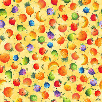 Image of QT Foodies Mixed Fruit Yellow quilting cotton fabric by Morris Creative Group for QT Fabrics. Features fruit on a yellow background. Cute Little Fabric Shop.