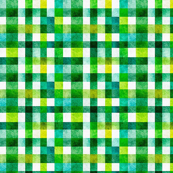 Image of QT Foodies Geo Check Green quilting cotton fabric by Morris Creative Group for QT Fabrics. Features squares on a green background. Cute Little Fabric Shop.
