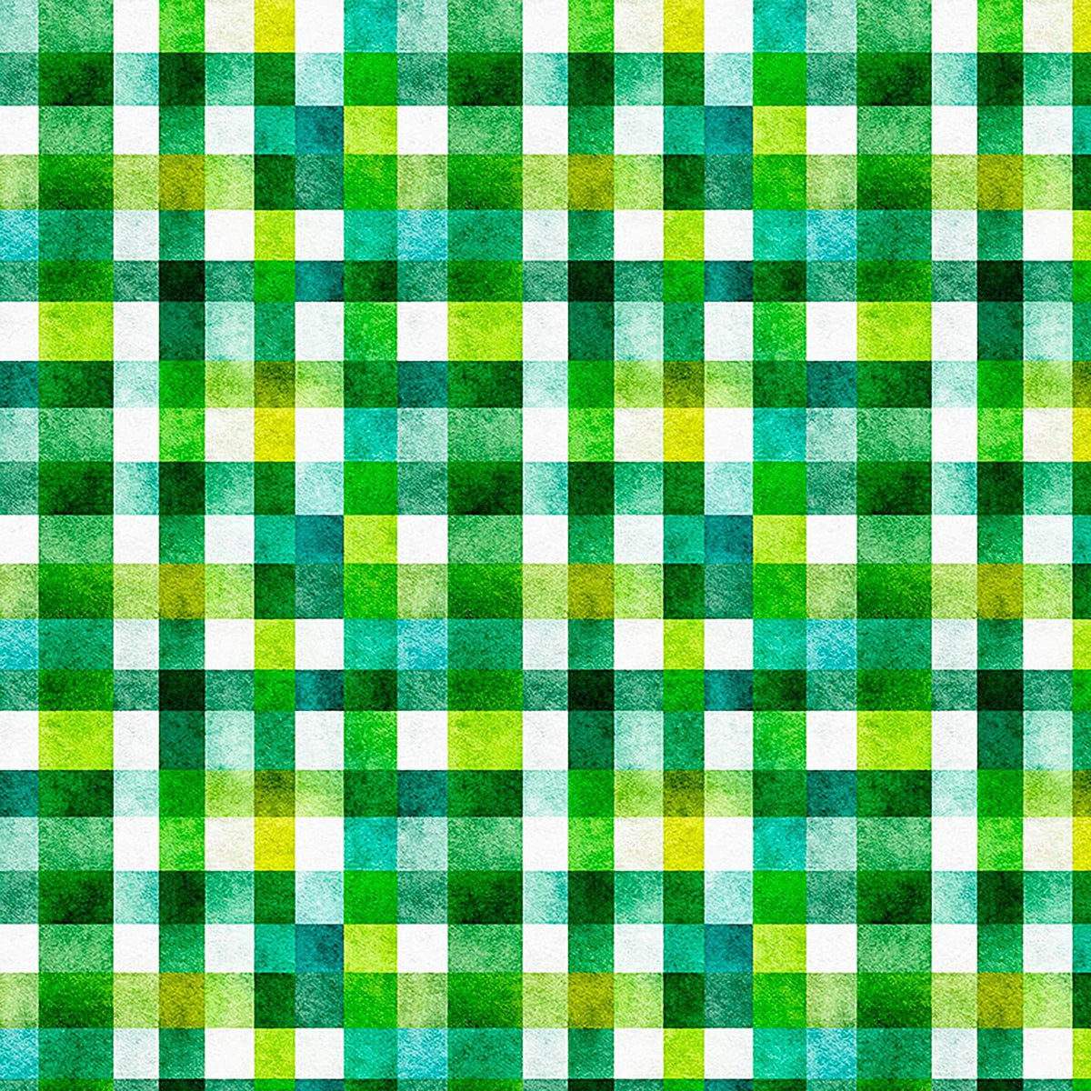 Image of QT Foodies Geo Check Green quilting cotton fabric by Morris Creative Group for QT Fabrics. Features squares on a green background. Cute Little Fabric Shop.