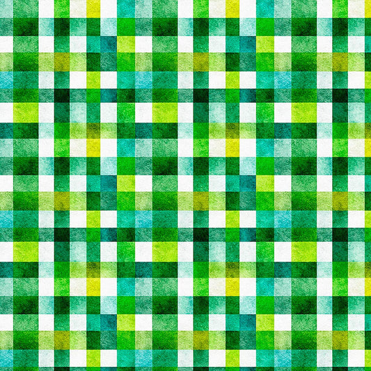 Image of QT Foodies Geo Check Green quilting cotton fabric by Morris Creative Group for QT Fabrics. Features squares on a green background. Cute Little Fabric Shop.