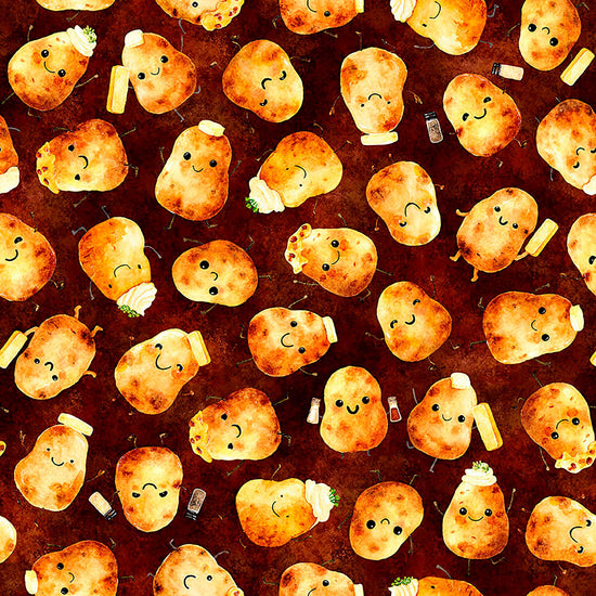 Image of QT Foodies Potatoes Brick quilting cotton fabric by Morris Creative Group for QT Fabrics. Features potatoes on a red background. Cute Little Fabric Shop.
