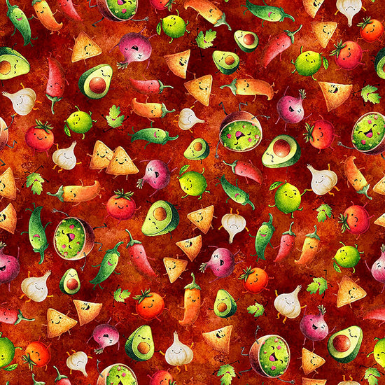 Image of QT Foodies Rock the Guac Cayenne quilting cotton fabric by Morris Creative Group for QT Fabrics. Features food on a red background. Cute Little Fabric Shop.