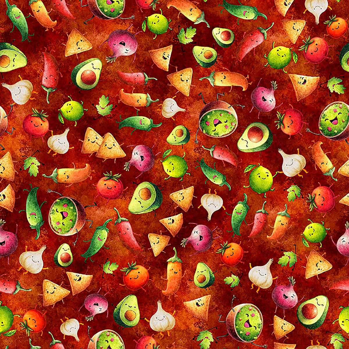 Image of QT Foodies Rock the Guac Cayenne quilting cotton fabric by Morris Creative Group for QT Fabrics. Features food on a red background. Cute Little Fabric Shop.