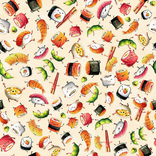 Image of QT Foodies Sushi Tan quilting cotton fabric by Morris Creative Group for QT Fabrics. Features sushi on a cream background. Cute Little Fabric Shop.