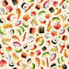 Image of QT Foodies Sushi Tan quilting cotton fabric by Morris Creative Group for QT Fabrics. Features sushi on a cream background. Cute Little Fabric Shop.