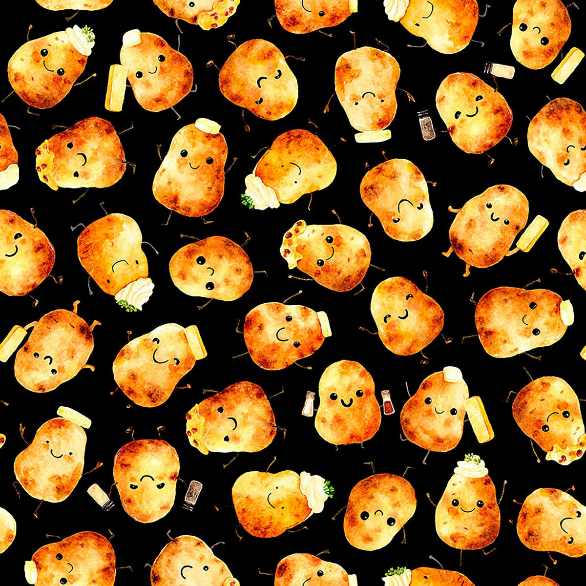 Image of QT Foodies Potatoes Black quilting cotton fabric by Morris Creative Group for QT Fabrics. Features potatoes on a black background. Cute Little Fabric Shop.