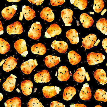 Image of QT Foodies Potatoes Black quilting cotton fabric by Morris Creative Group for QT Fabrics. Features potatoes on a black background. Cute Little Fabric Shop.