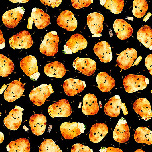 Image of QT Foodies Potatoes Black quilting cotton fabric by Morris Creative Group for QT Fabrics. Features potatoes on a black background. Cute Little Fabric Shop.