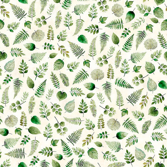 Image of Sylvan Essence Leaf Blender Eggshell quilting cotton fabric by Morris Creative Group for QT Fabrics. Features leaves on a white background. Cute Little Fabric Shop.