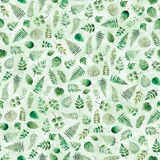 Image of Sylvan Essence Leaf Blender Light Green quilting cotton fabric by Morris Creative Group for QT Fabrics. Features leaves on a green background. Cute Little Fabric Shop.