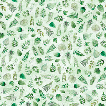 Image of Sylvan Essence Leaf Blender Light Green quilting cotton fabric by Morris Creative Group for QT Fabrics. Features leaves on a green background. Cute Little Fabric Shop.