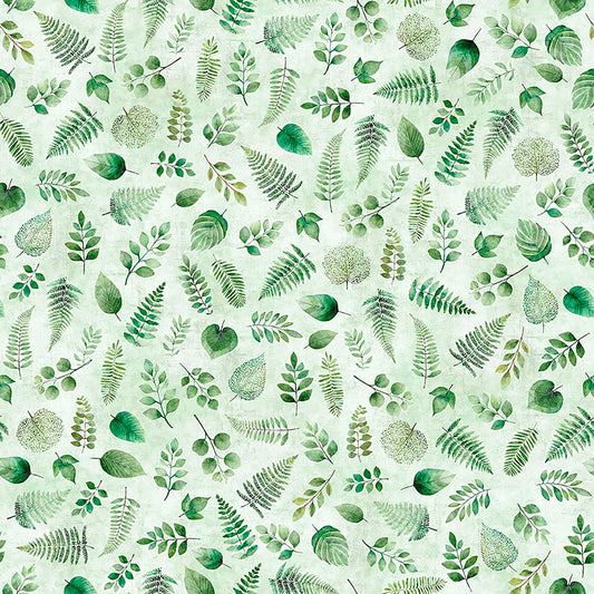 Image of Sylvan Essence Leaf Blender Light Green quilting cotton fabric by Morris Creative Group for QT Fabrics. Features leaves on a green background. Cute Little Fabric Shop.