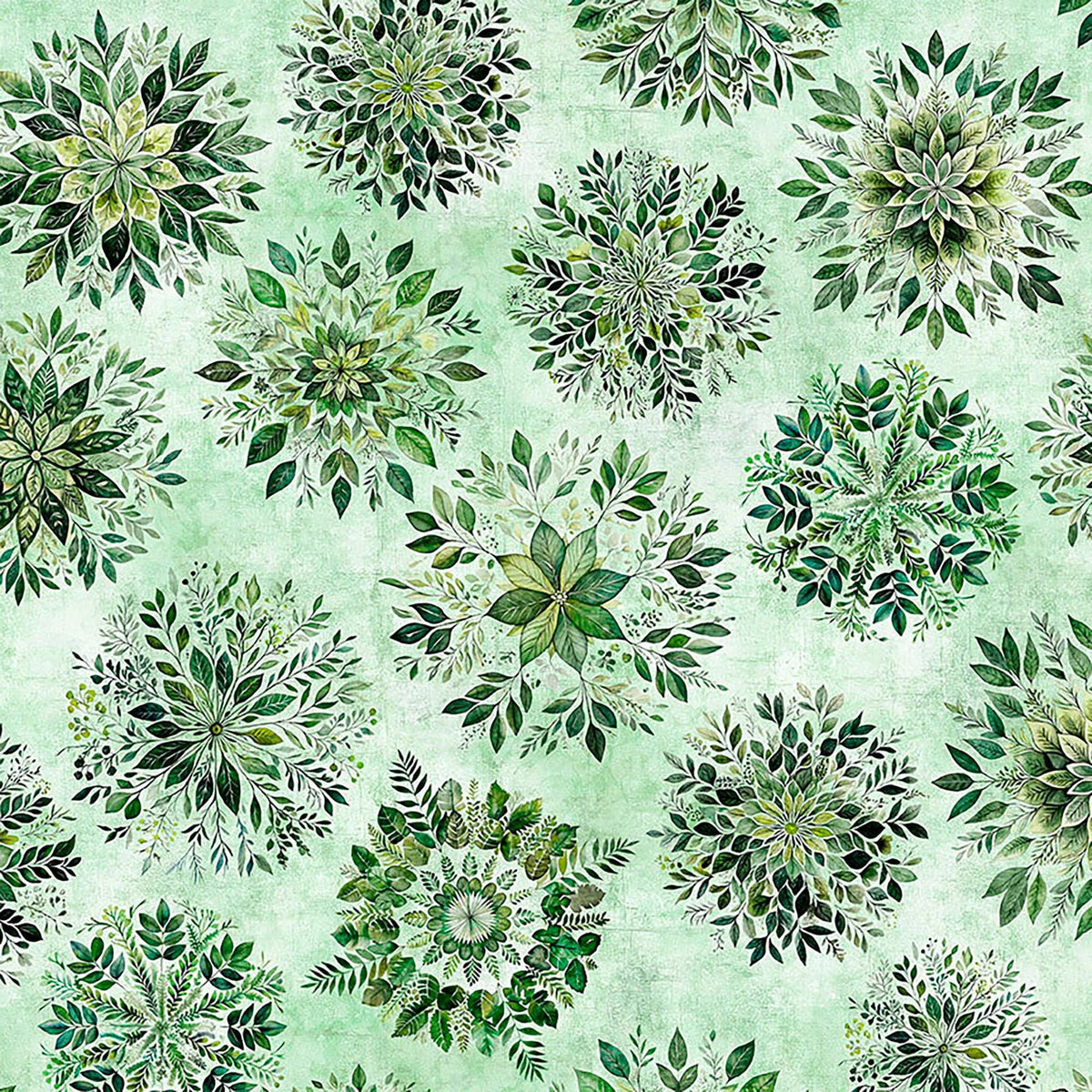 Image of Sylvan Essence Leaf Mandalas Light Green quilting cotton fabric by Morris Creative Group for QT Fabrics. Features leaves on a green background. Cute Little Fabric Shop.
