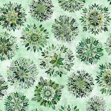 Image of Sylvan Essence Leaf Mandalas Light Green quilting cotton fabric by Morris Creative Group for QT Fabrics. Features leaves on a green background. Cute Little Fabric Shop.