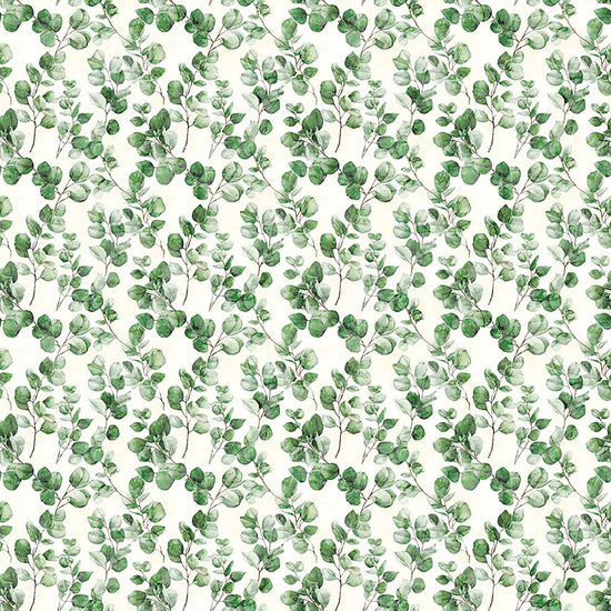 Image of Sylvan Essence Eucalyptus Eggshell quilting cotton fabric by Morris Creative Group for QT Fabrics. Features leaves on a white background. Cute Little Fabric Shop.