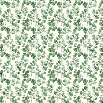 Image of Sylvan Essence Eucalyptus Eggshell quilting cotton fabric by Morris Creative Group for QT Fabrics. Features leaves on a white background. Cute Little Fabric Shop.